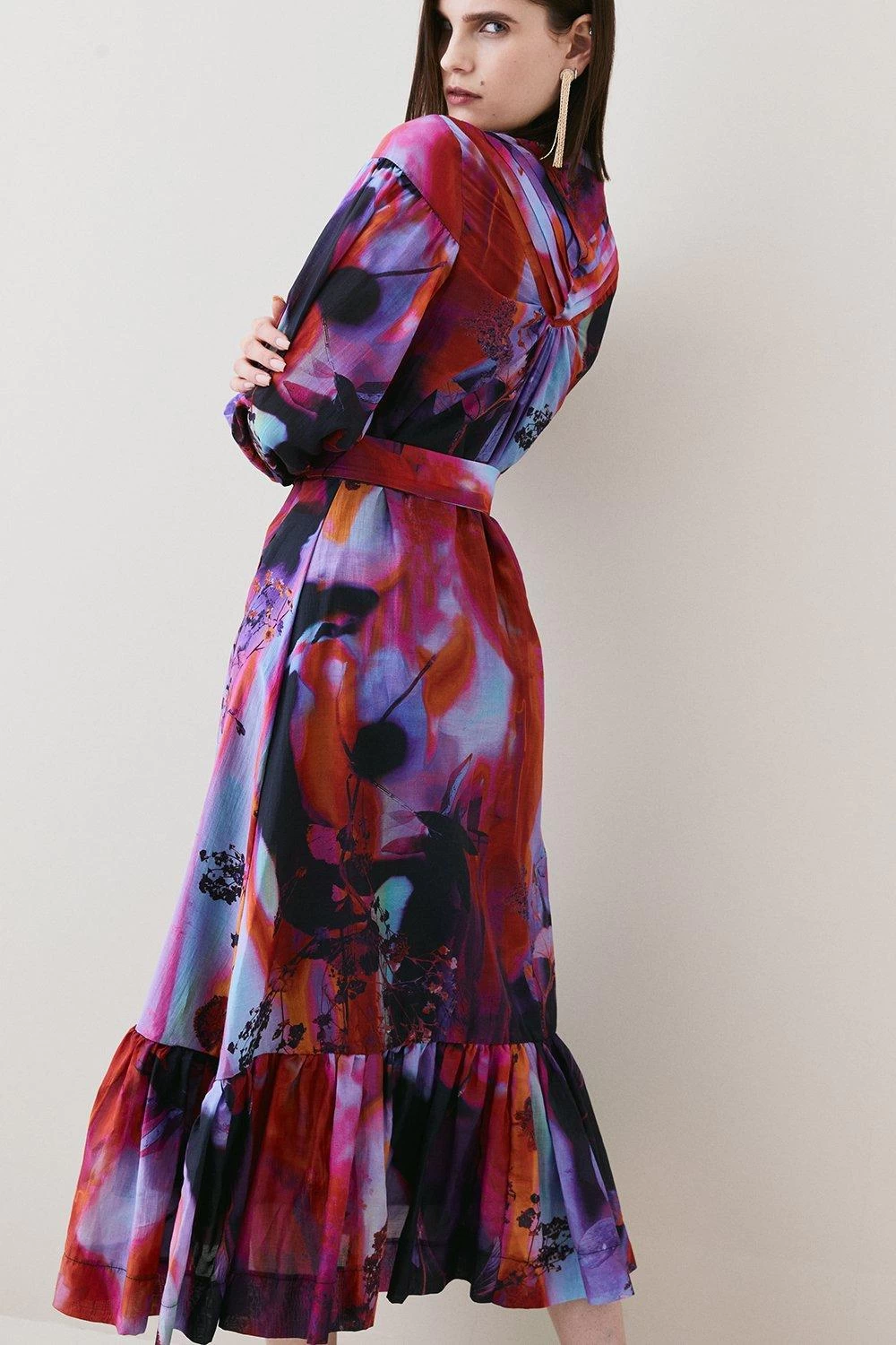 Karen Millen Silk Cotton Marble Pin Tuck Woven Maxi Dress - Image 3