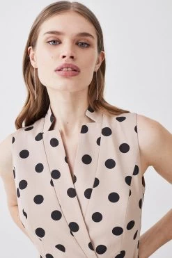 Karen Millen Tall Polka Dot Linen Wrap Tie Waisted Midi Dress
