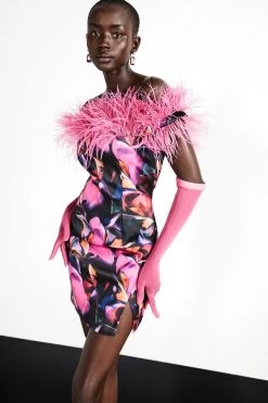 Karen Millen Weston Marble Print Feather Bardot Mini Dress