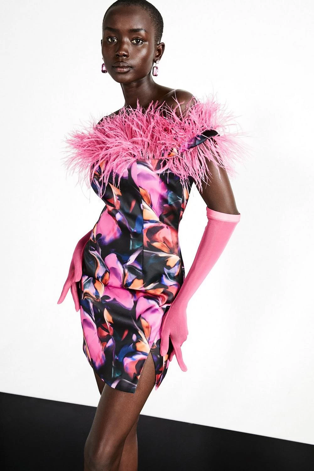 Karen Millen Weston Marble Print Feather Bardot Mini Dress