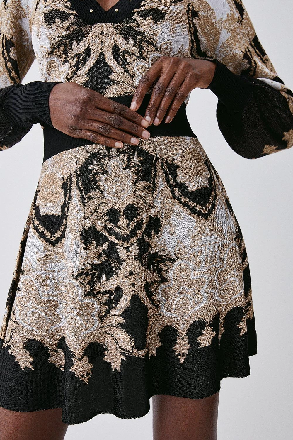 Karen Millen Slinky Sparkle Knit Jacquard Skater Skirt - Image 4