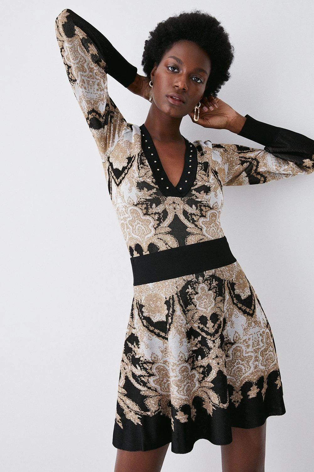 Karen Millen Slinky Sparkle Knit Jacquard Skater Skirt - Image 5