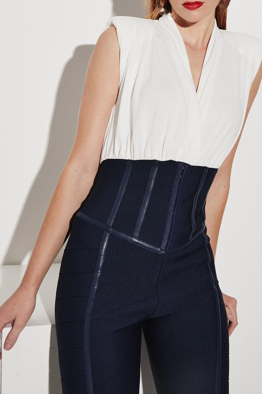 Karen Millen Bandage And Georgette Corset Style Jumpsuit