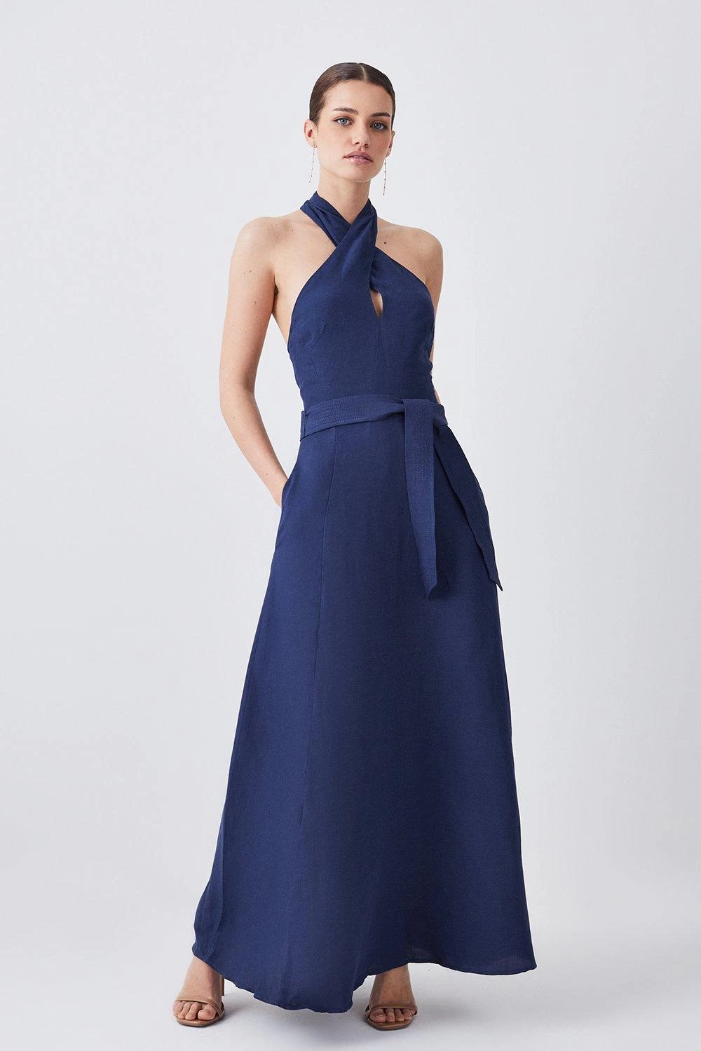 Karen Millen Lydia Millen Petite Linen Halter Neck Tie Waist Midi Dress - Image 2