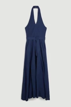 Karen Millen Lydia Millen Petite Linen Halter Neck Tie Waist Midi Dress