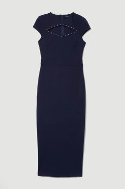 Karen Millen Ponte Stud Detail Cut Out Pencil Midi Dress