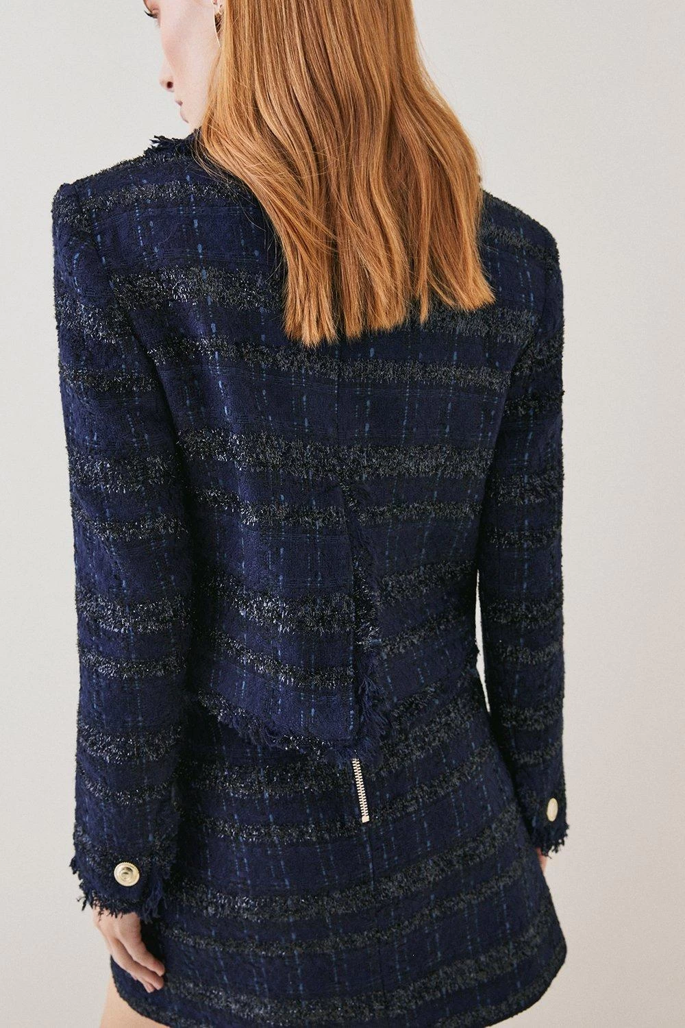 Karen Millen Tweed Gold Button Cropped Frayed Edge Jacket - Image 2