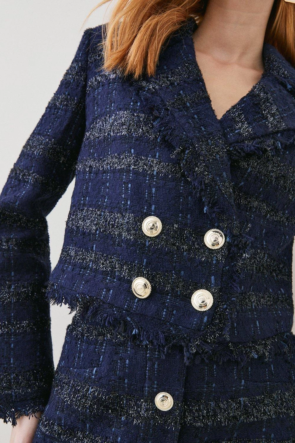 Karen Millen Tweed Gold Button Cropped Frayed Edge Jacket - Image 5