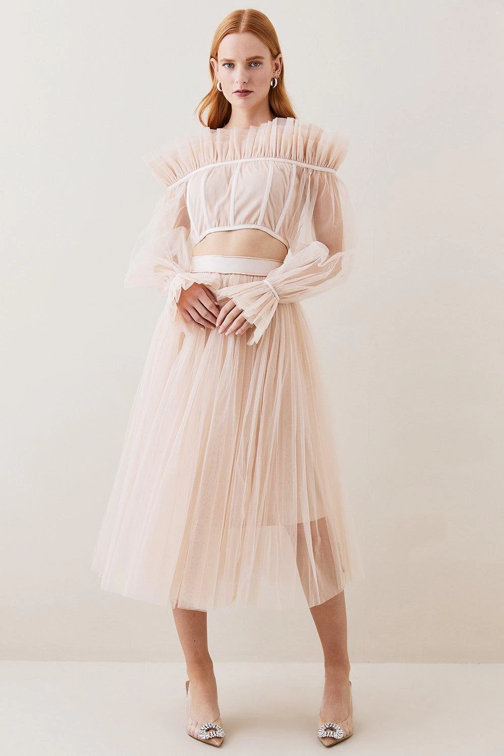 Karen Millen Lydia Millen Corset Detail Tulle Woven Bardot Top - Image 4