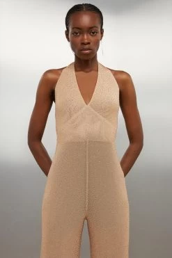 Karen Millen Hotfix Halterneck Wide Leg Jersey Jumpsuit