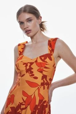 Karen Millen Linen Viscose Placed Boarder Print Woven Midi Dress