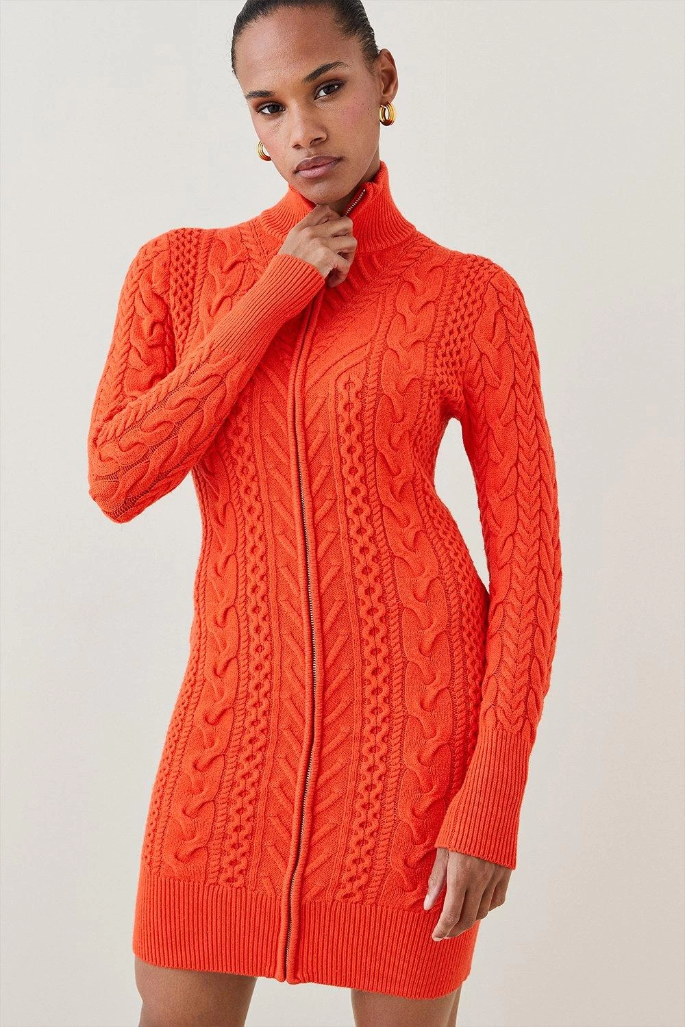 Karen Millen Viscose Blend Zip Through Cable Knit Mini Dress - Image 4