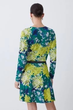 Karen Millen Petite Floral Belted Viscose Blend Jersey Skater Dress