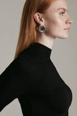 Karen Millen Funnel Neck Long Sleeve Viscose Blend Jersey Top
