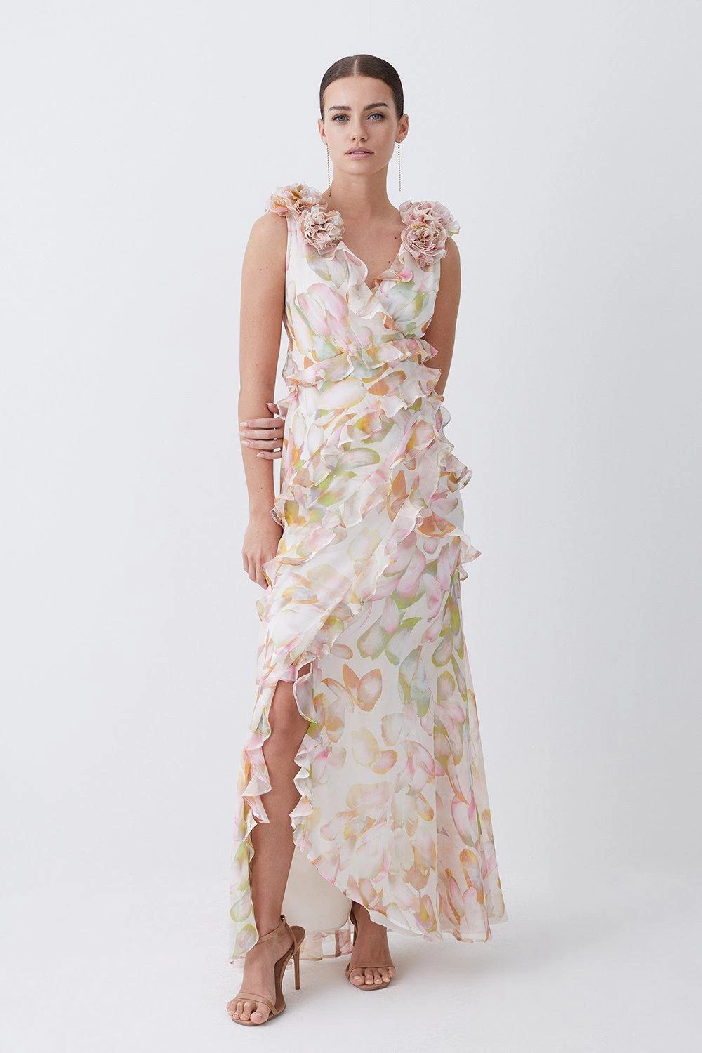 Karen Millen Petite Floral Chiffon Corsage Ruffle Slip Maxi Dress - Image 5