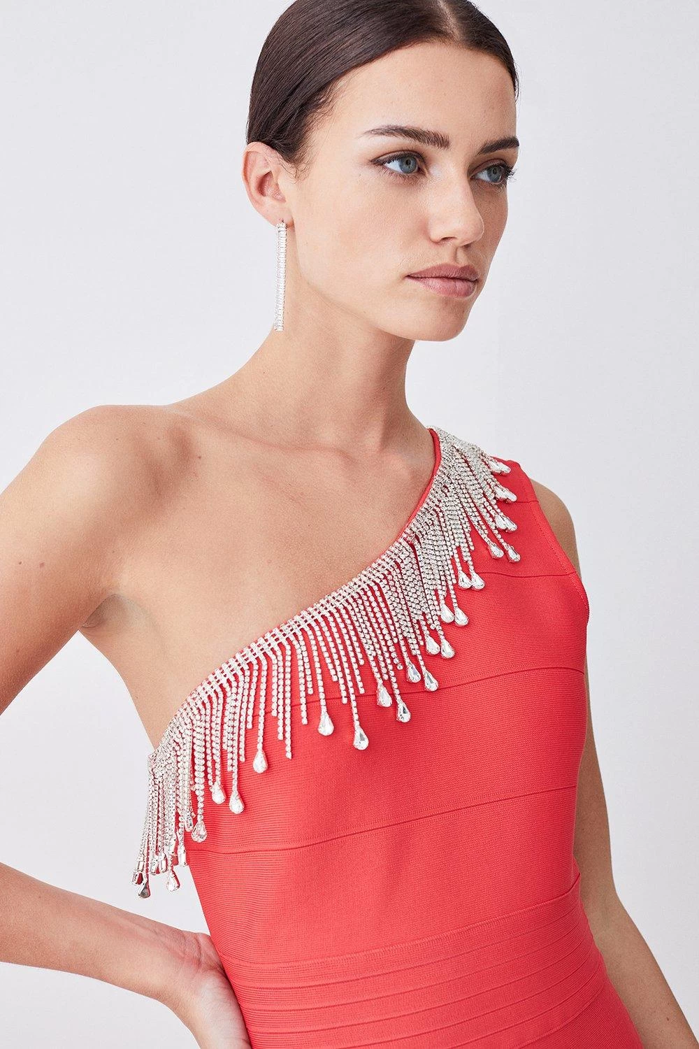 Karen Millen Tall Bandage Diamante Trim One Shoulder High Low Midi Dress - Image 4