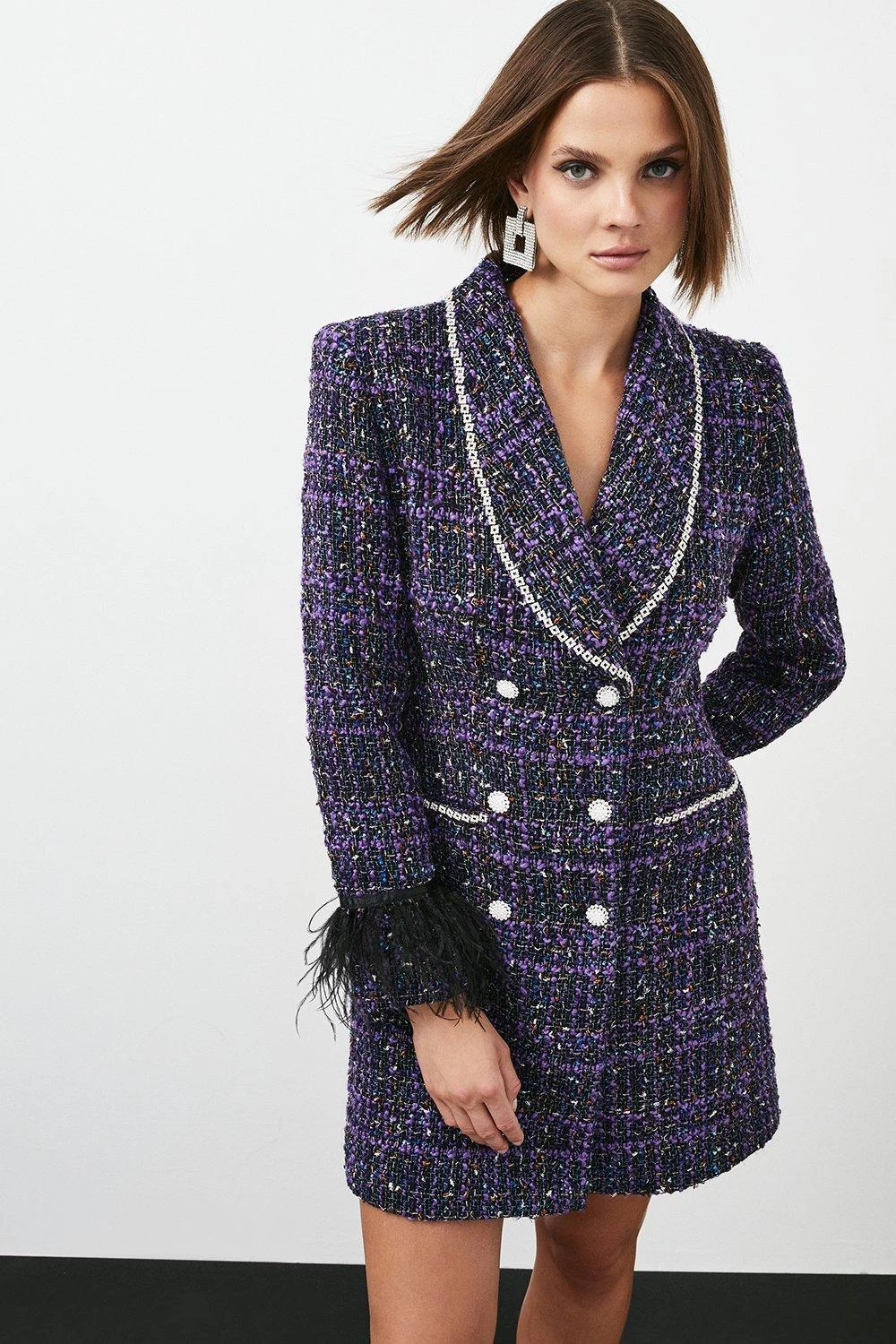 Karen Millen Boucle Sparkle Diamante And Feather Tux Mini Dress - Image 3