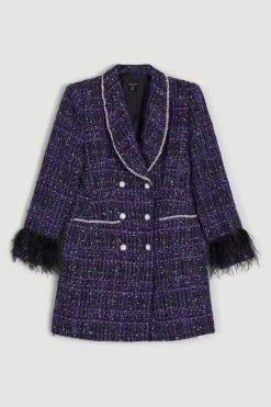 Karen Millen Boucle Sparkle Diamante And Feather Tux Mini Dress