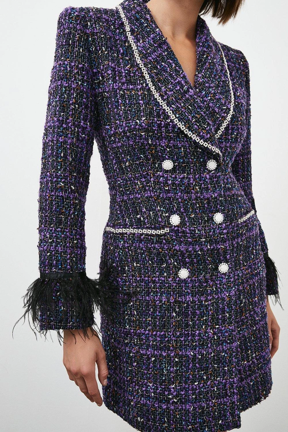 Karen Millen Boucle Sparkle Diamante And Feather Tux Mini Dress - Image 4