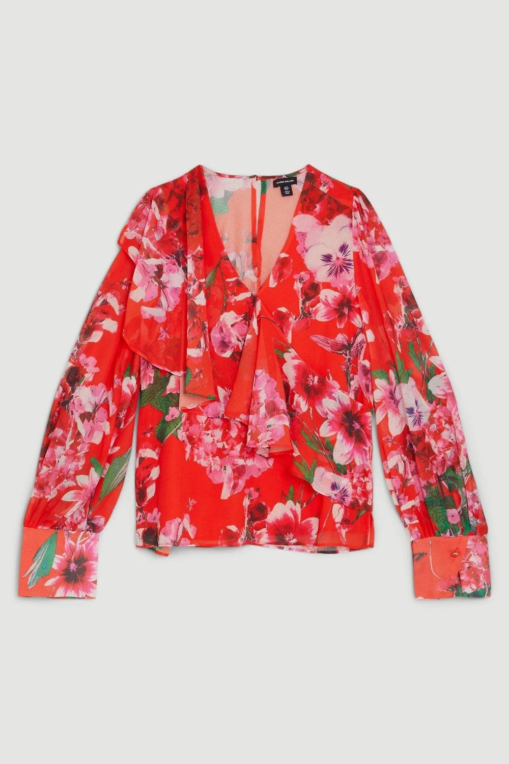 Karen Millen Floral Hydrangea Georgette Ruffle Detail Woven Blouse - Image 2