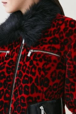 Karen Millen Shearling Leopard Print Vinyl Contrast Coat