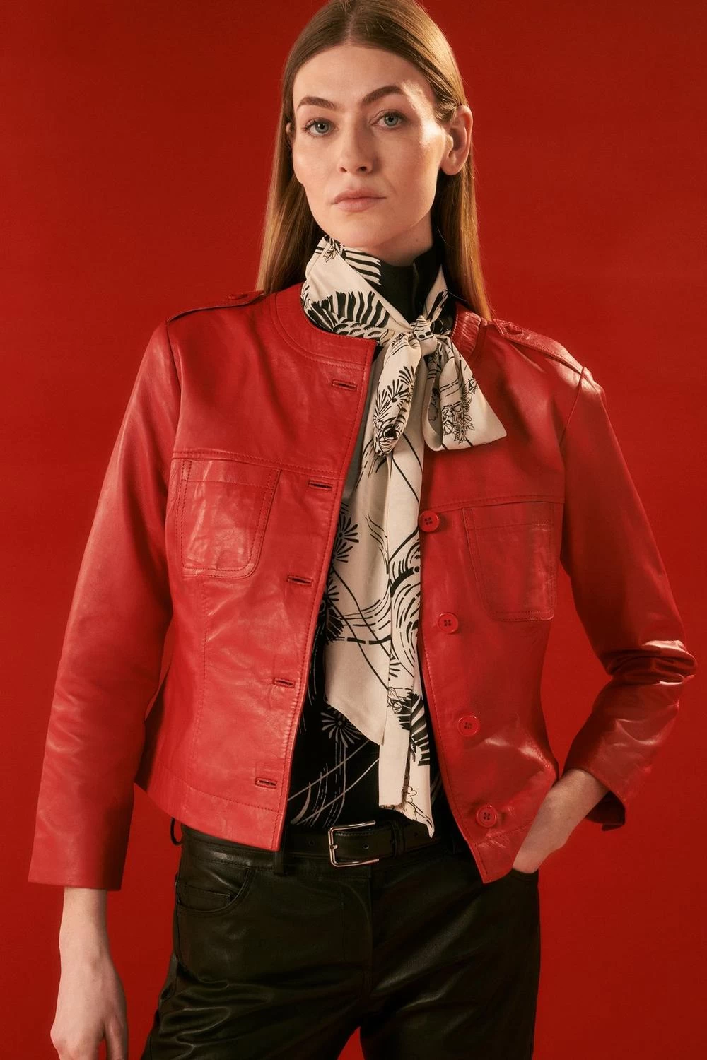 Karen Millen The Founder Leather Washed Button Through Collarless Jacket