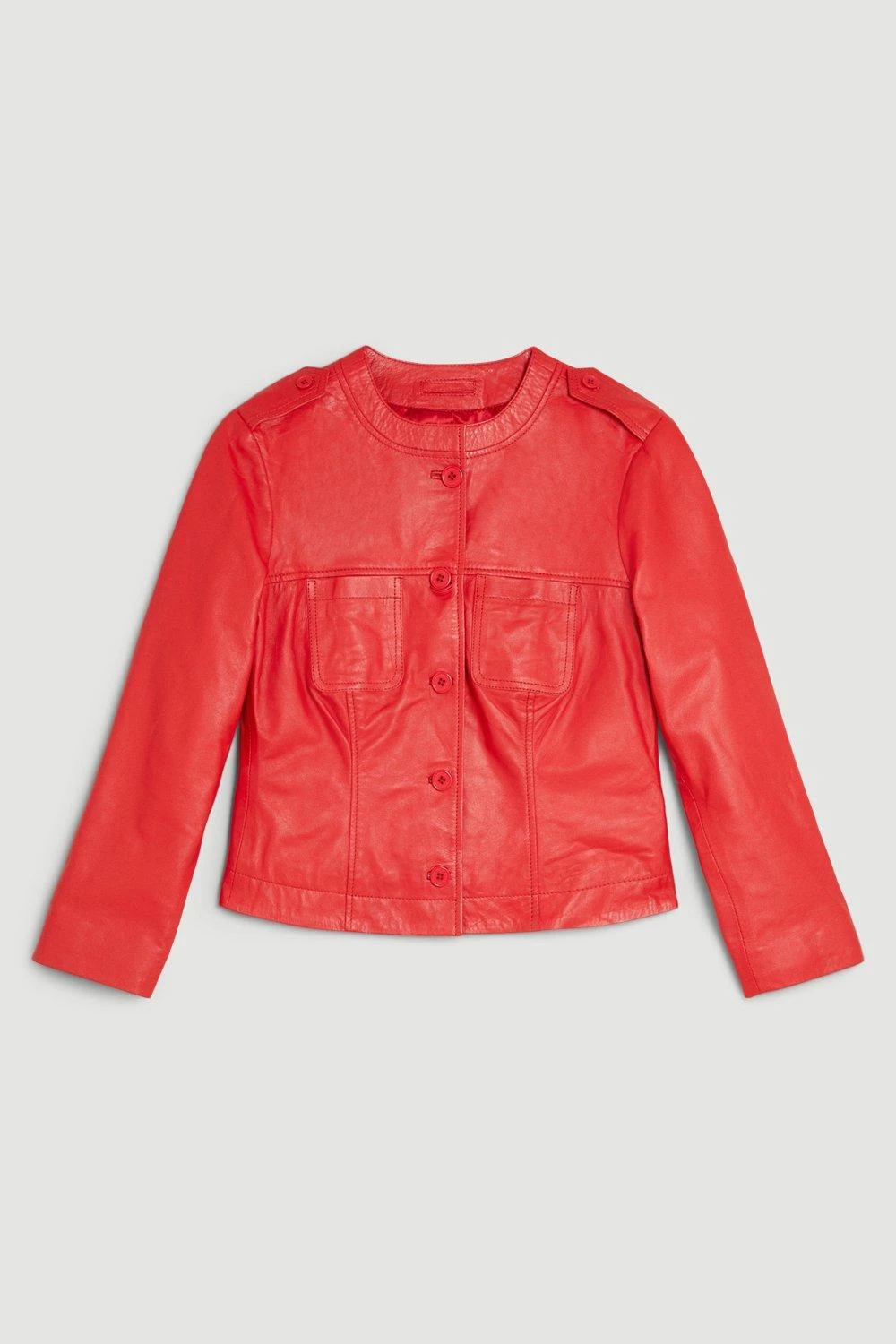 Karen Millen The Founder Leather Washed Button Through Collarless Jacket - Image 3