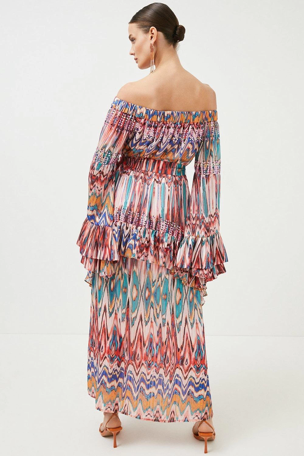 Karen Millen Tie Dye Studded Woven Bardot Maxi Drama Kimono