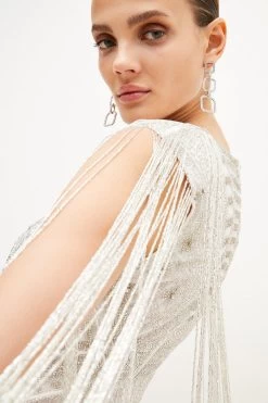 Karen Millen Beaded Fringed Woven Maxi Dress