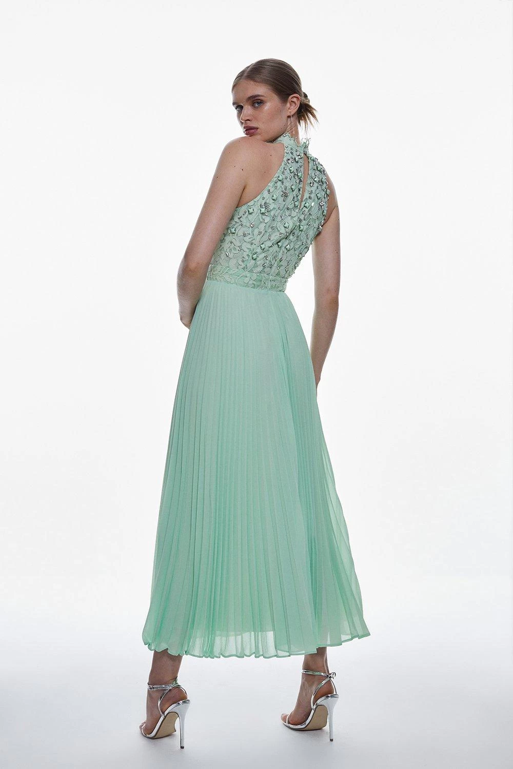 Karen Millen Tall Lace Embellished Halter Pleated Woven Midi Dress