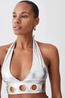 Karen Millen Silver Lame Eyelet Detail Halter Neck Bikini Top
