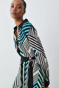 Karen Millen Spliced Stripe Belted Woven Midi Shirt Dress