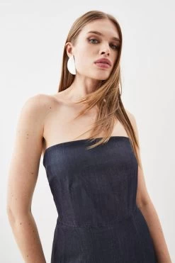 Karen Millen Tailored Denim Bandeau Corset Detail Midaxi Dress