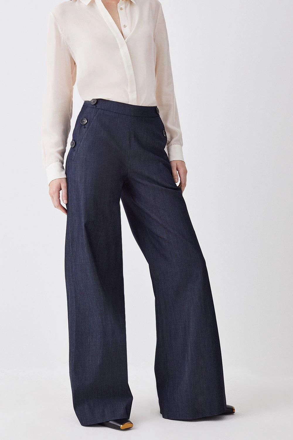 Karen Millen Tailored Denim Button Detail Wide Leg Trousers