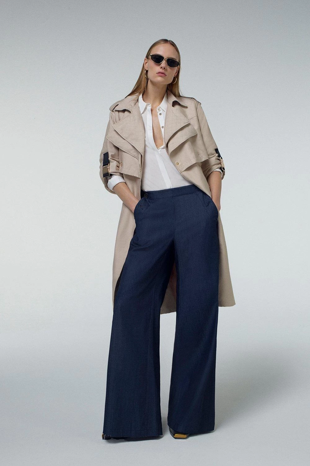 Karen Millen Tailored Denim Button Detail Wide Leg Trousers - Image 3