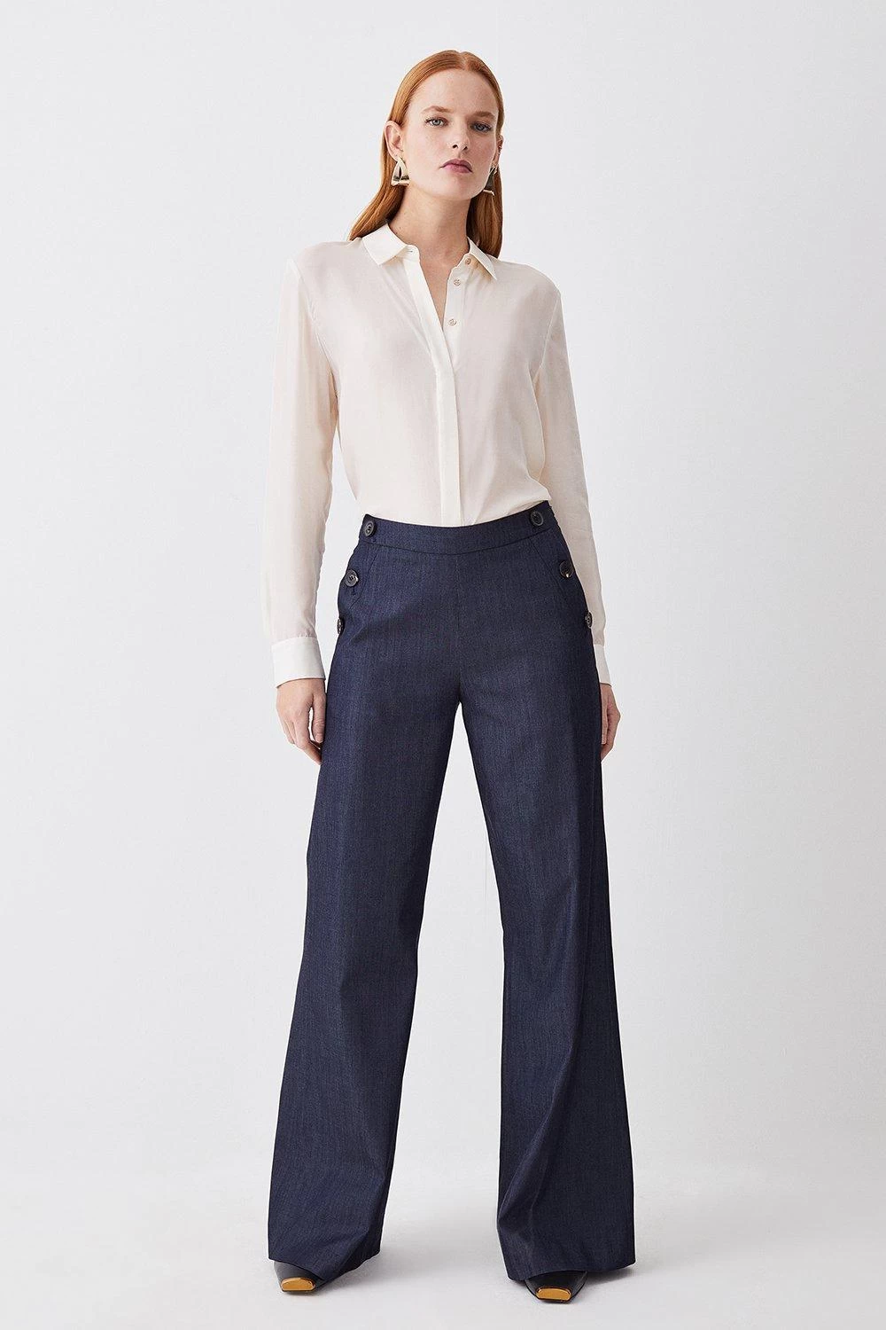 Karen Millen Tailored Denim Button Detail Wide Leg Trousers - Image 4