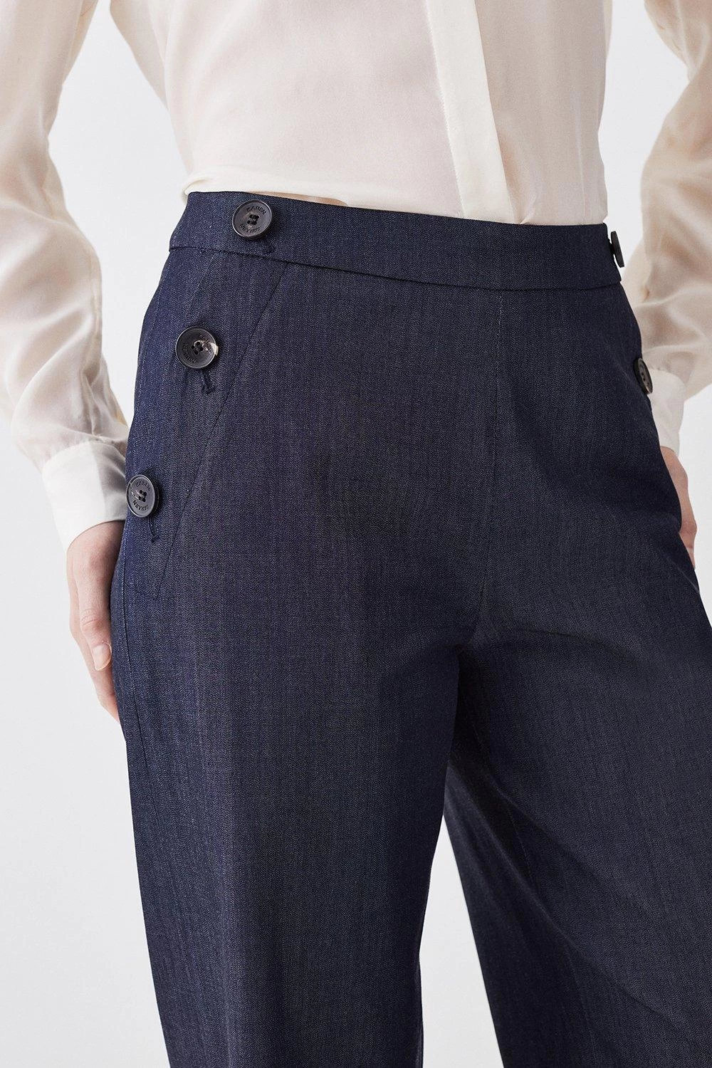 Karen Millen Tailored Denim Button Detail Wide Leg Trousers - Image 5