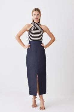 Karen Millen Tailored Denim Corset Detail Midi Skirt