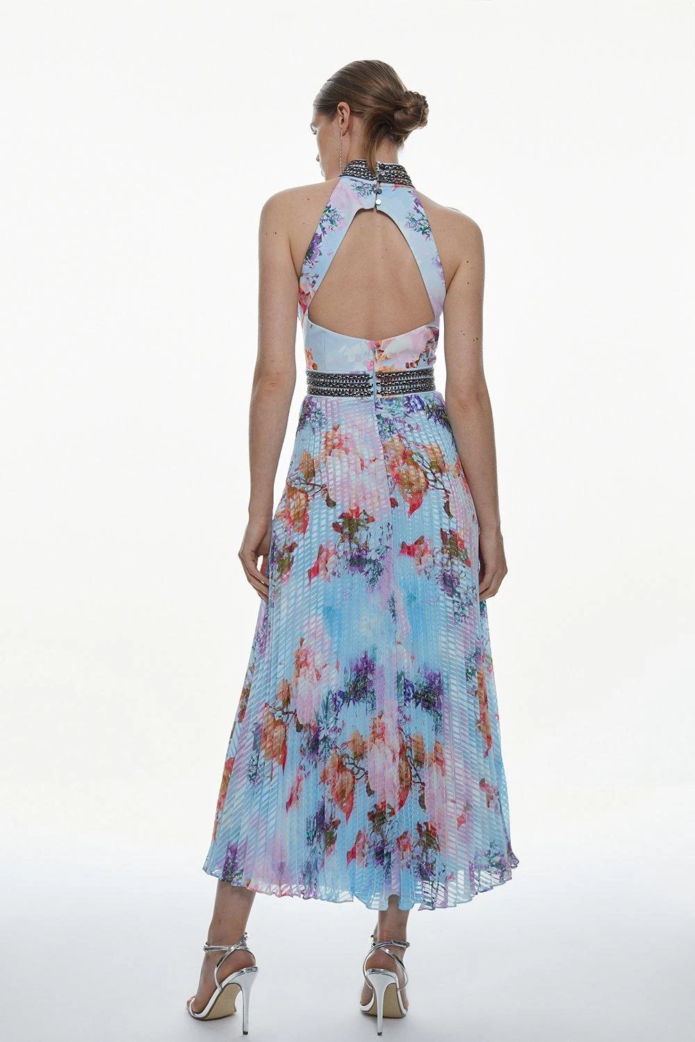Karen Millen Tall Diamante Trim Floral Pleat Skirt Midi Dress - Image 2
