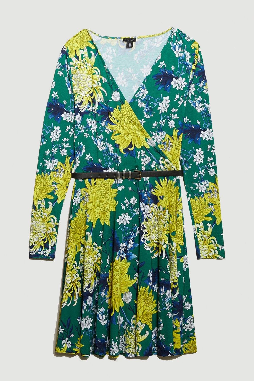 Karen Millen Tall Floral Belted Viscose Blend Jersey Skater Dress - Image 3