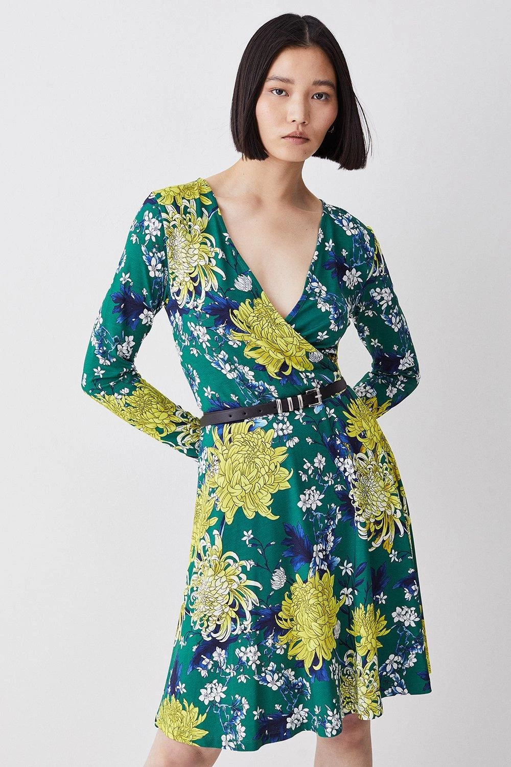 Karen Millen Tall Floral Belted Viscose Blend Jersey Skater Dress - Image 5