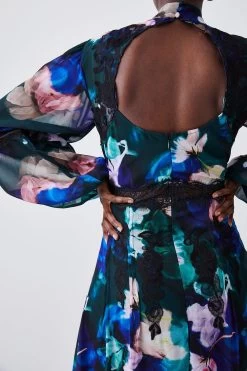 Karen Millen Tall Neon Floral Lace & Embroidery Maxi Dress