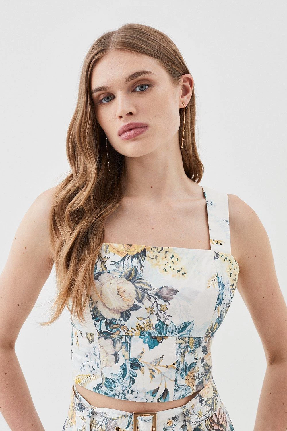 Karen Millen Trailing Floral Cotton Sateen Crop Top - Image 2