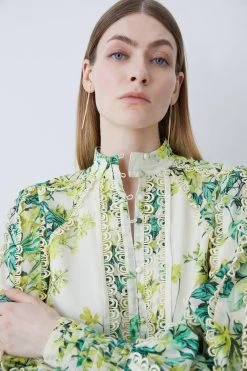 Karen Millen Trailing Floral Woven High Neck Blouse