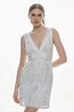 Karen Millen Armour Beaded Detailed Woven Mini Dress
