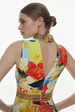 Karen Millen Diamante Trim Infinity Floral Peat Skirt Midi Dress