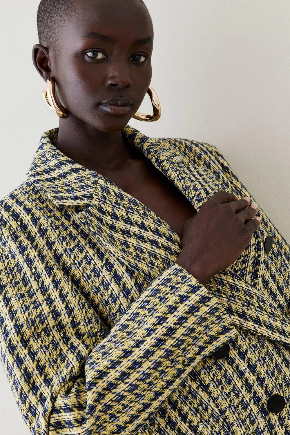 Karen Millen Italian Texture & Sequin Tweed Tailored Double Breasted Jacket